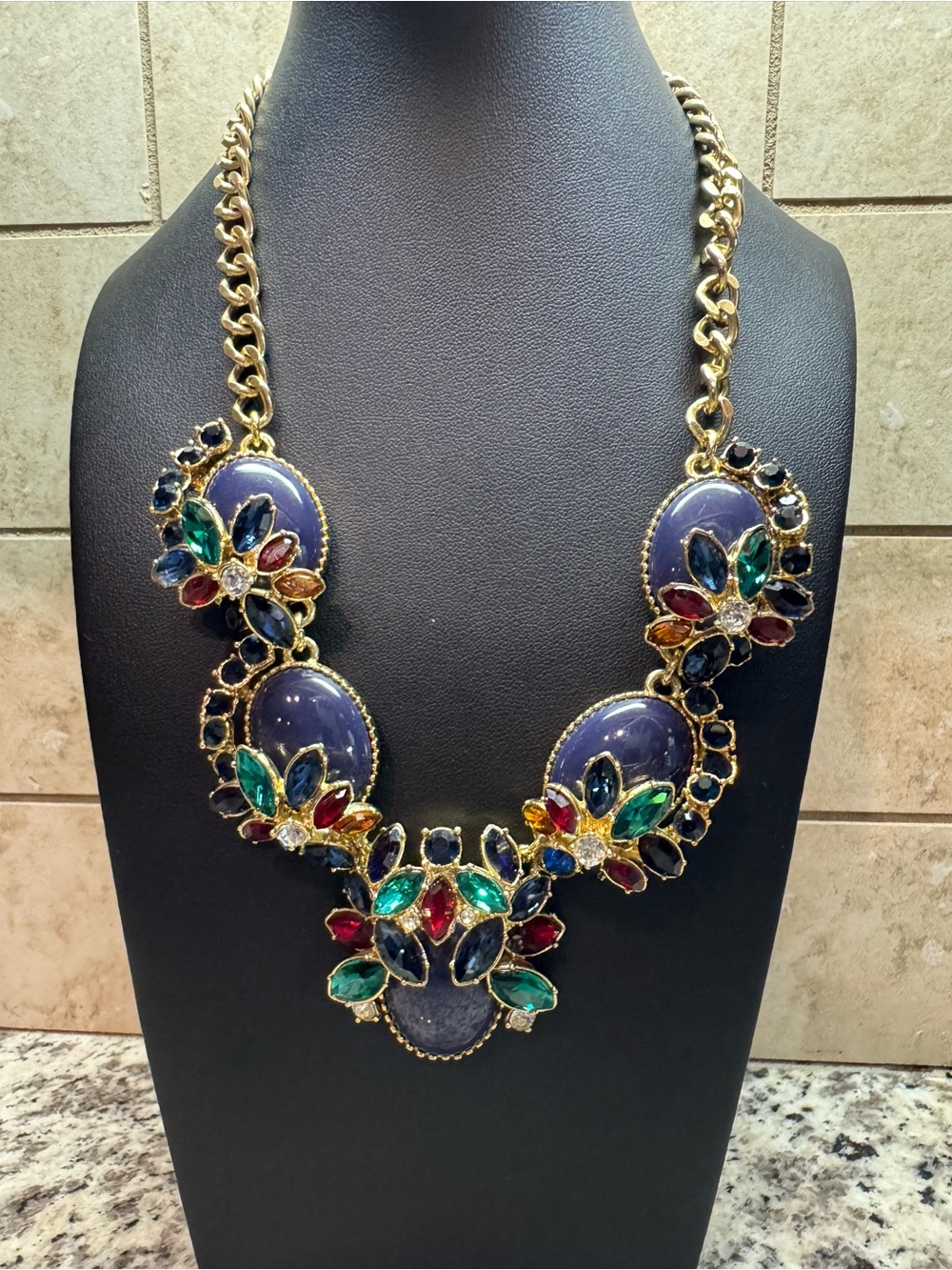 Gold Tone Statement Necklace w/ Lavender Cabochons & Multi-Color Rhinestones